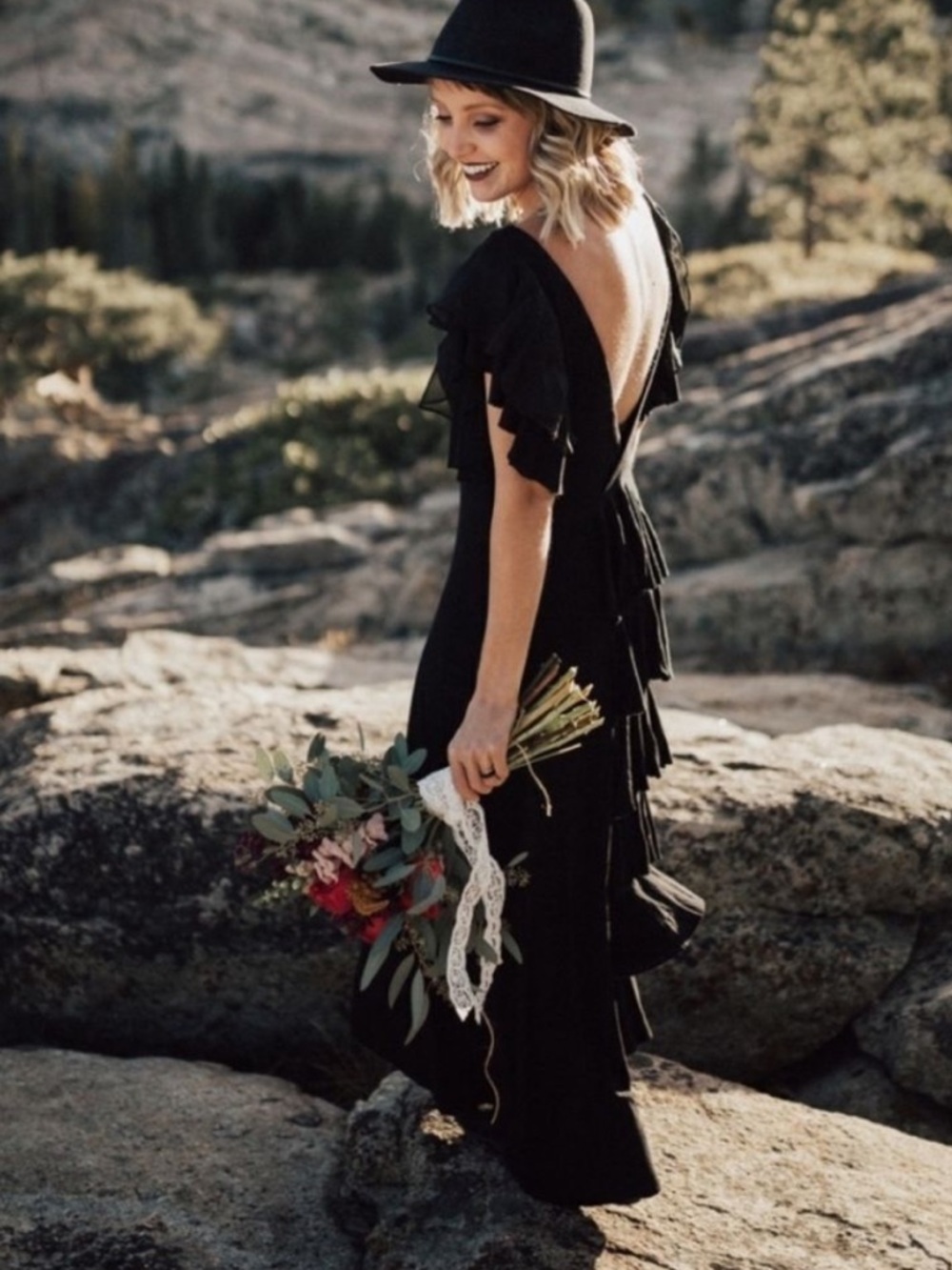 Free People FPX FILM NOIR MAXI DRESS Long Ruffle Sexy Fitted Rare Black Fairy XS
